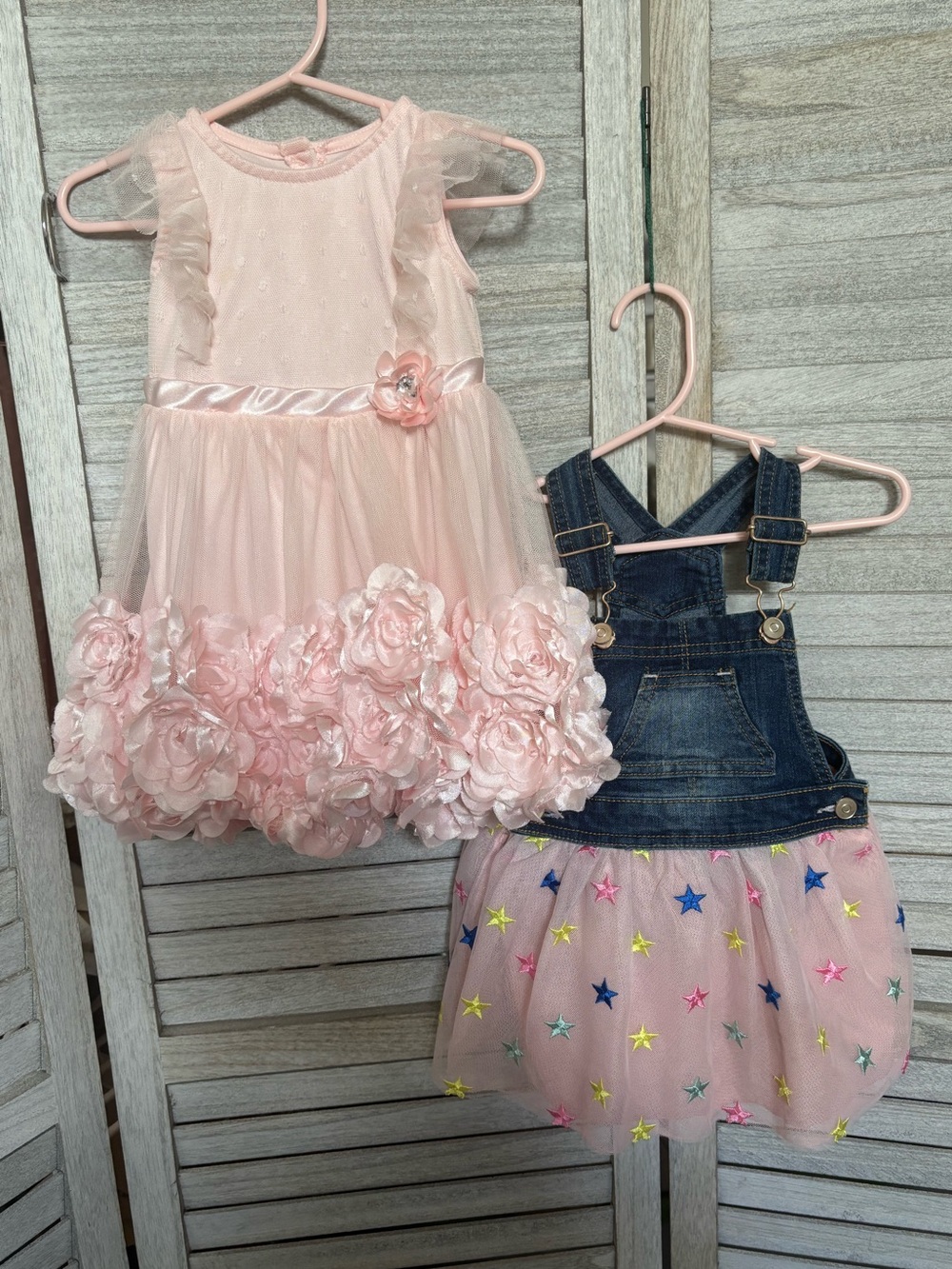 Adorable 2 for 1 Toddler Pink Rosette Dress & Pink w/ Denim Star Jumper Dress
